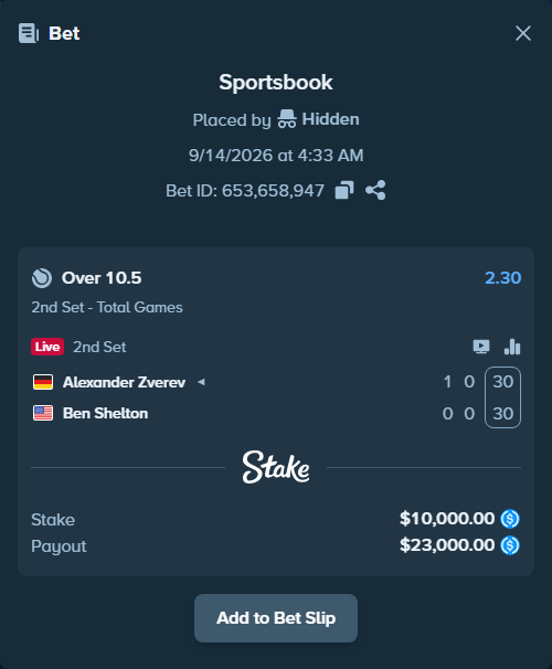Bet slip: Alexander Zverev - Ben Shelton, $10,000.00 stake at 2.30 odds, placed by Hidden