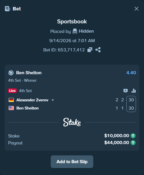 Bet slip: Alexander Zverev - Ben Shelton, $10,000.00 stake at 4.40 odds, placed by Hidden