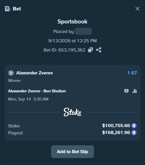 Bet slip: Alexander Zverev - Ben Shelton, $100,746.00 stake at 1.67 odds, placed by palakasomani
