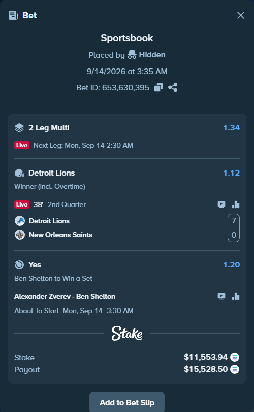 Bet slip: Alexander Zverev - Ben Shelton, $11,547.16 stake at 1.20 odds, placed by Hidden