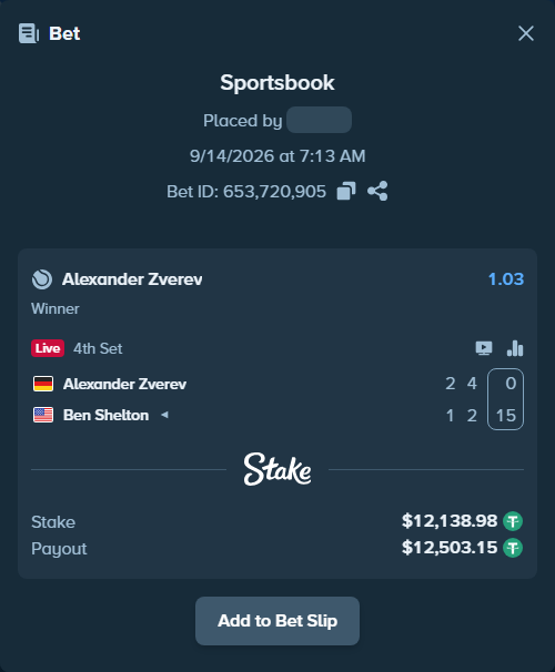 Bet slip: Alexander Zverev - Ben Shelton, $12,138.98 stake at 1.03 odds, placed by sanchit86