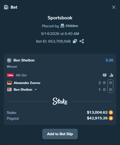 Bet slip: Alexander Zverev - Ben Shelton, $12,941.48 stake at 3.30 odds, placed by Hidden