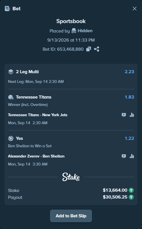 Bet slip: Alexander Zverev - Ben Shelton, $13,657.17 stake at 1.22 odds, placed by Hidden