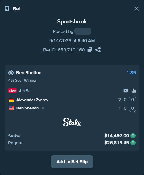 Bet slip: Alexander Zverev - Ben Shelton, $14,497.00 stake at 1.85 odds, placed by GrIz1988