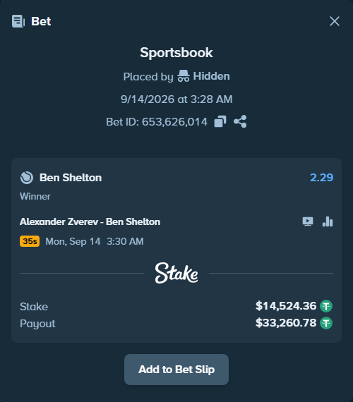 Bet slip: Alexander Zverev - Ben Shelton, $14,520.00 stake at 2.29 odds, placed by Hidden