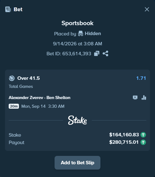 Bet slip: Alexander Zverev - Ben Shelton, $164,128.00 stake at 1.71 odds, placed by Hidden