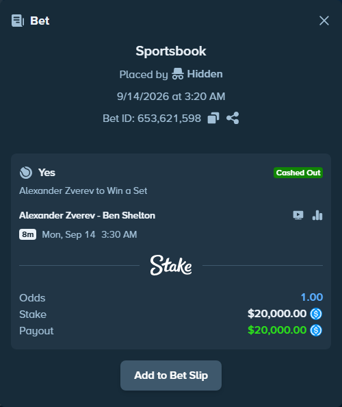 Bet slip: Alexander Zverev - Ben Shelton, $20,000.00 stake at 1.10 odds, placed by Hidden