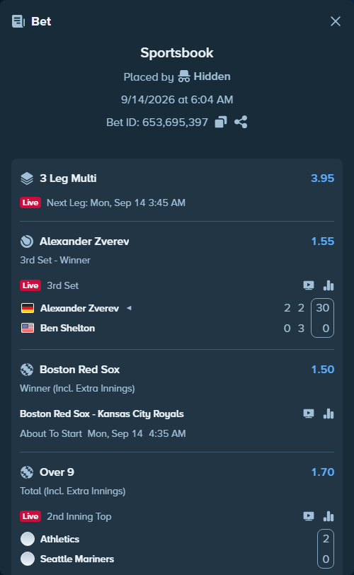 Bet slip: Alexander Zverev - Ben Shelton, $20,000.00 stake at 1.55 odds, placed by Hidden