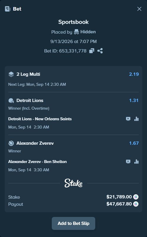 Bet slip: Alexander Zverev - Ben Shelton, $21,273.85 stake at 1.67 odds, placed by Hidden