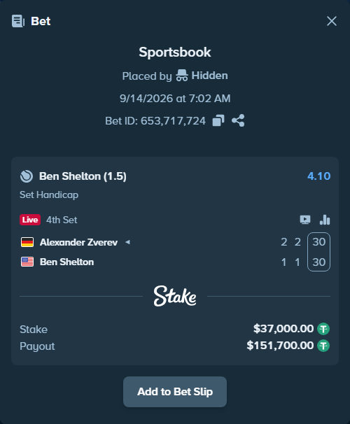 Bet slip: Alexander Zverev - Ben Shelton, $37,000.00 stake at 4.10 odds, placed by Hidden