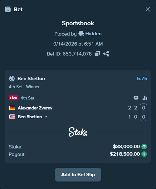 Bet slip: Alexander Zverev - Ben Shelton, $38,000.00 stake at 5.75 odds, placed by Hidden