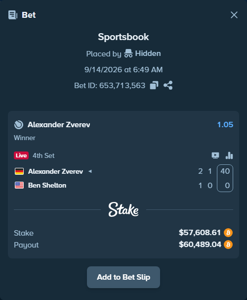 Bet slip: Alexander Zverev - Ben Shelton, $57,164.27 stake at 1.05 odds, placed by Hidden