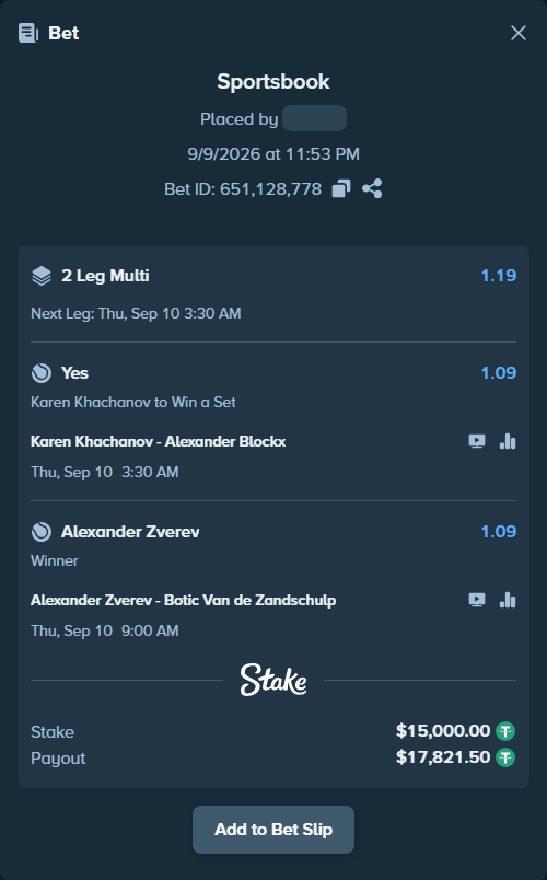 Bet slip: Alexander Zverev - Botic Van de Zandschulp, $15,000.00 stake at 1.09 odds, placed by PimpoTheGreat