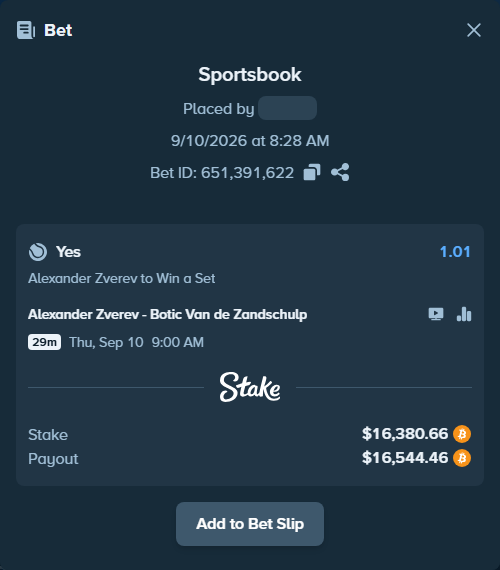 Bet slip: Alexander Zverev - Botic Van de Zandschulp, $16,439.85 stake at 1.01 odds, placed by megah29