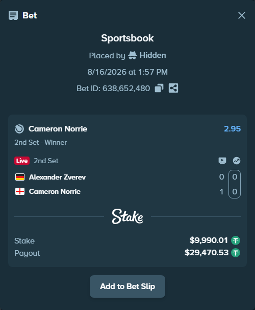 Bet slip: Alexander Zverev - Cameron Norrie, $10,000.00 stake at 2.95 odds, placed by Hidden