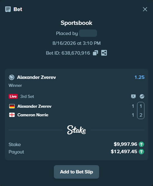 Bet slip: Alexander Zverev - Cameron Norrie, $10,007.96 stake at 1.25 odds, placed by Regenergy