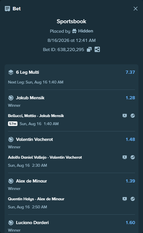 Bet slip: Alexander Zverev - Cameron Norrie, $10,075.06 stake at 1.25 odds, placed by Hidden