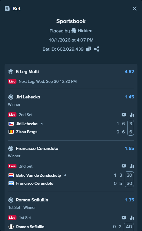 Bet slip: Alexander Zverev - Cameron Norrie, $103,000.00 stake at 1.10 odds, placed by Hidden