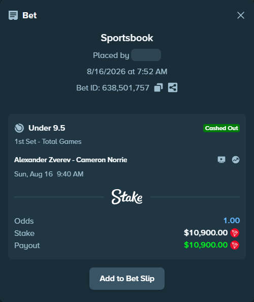 Bet slip: Alexander Zverev - Cameron Norrie, $10,894.74 stake at 2.02 odds, placed by ArdylanUk