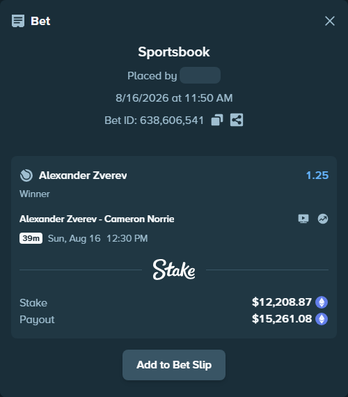 Bet slip: Alexander Zverev - Cameron Norrie, $12,219.55 stake at 1.25 odds, placed by palakasomani