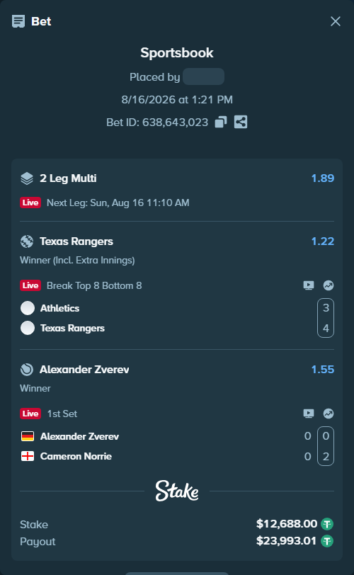 Bet slip: Alexander Zverev - Cameron Norrie, $12,700.69 stake at 1.55 odds, placed by riaggo1