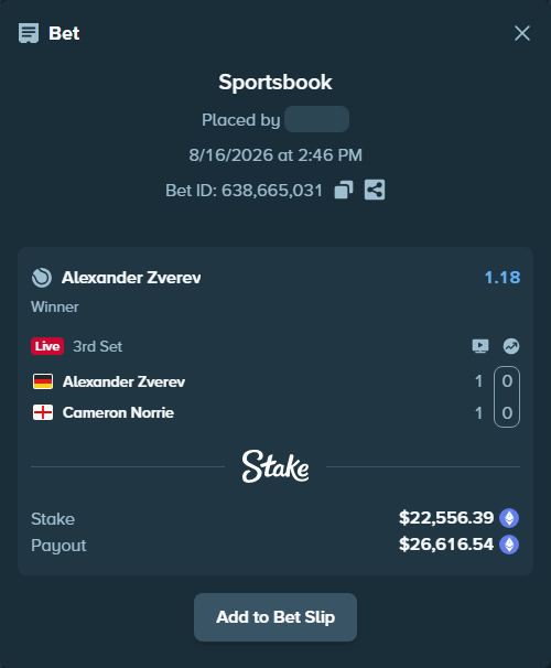 Bet slip: Alexander Zverev - Cameron Norrie, $22,541.04 stake at 1.18 odds, placed by palakasomani