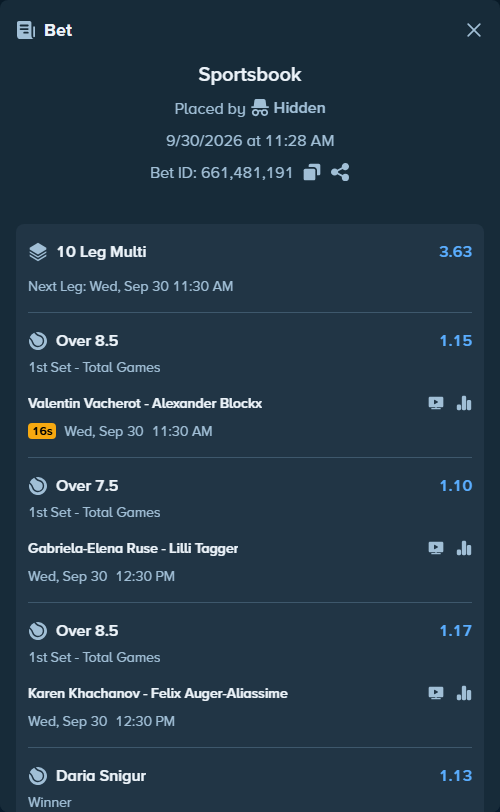 Bet slip: Alexander Zverev - Cameron Norrie, $23,724.97 stake at 1.10 odds, placed by Hidden