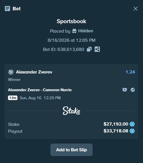 Bet slip: Alexander Zverev - Cameron Norrie, $27,192.00 stake at 1.24 odds, placed by Hidden