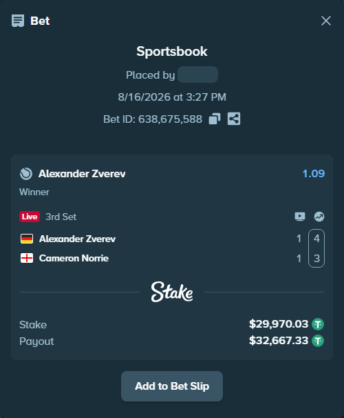 Bet slip: Alexander Zverev - Cameron Norrie, $30,000.00 stake at 1.09 odds, placed by piropiro12