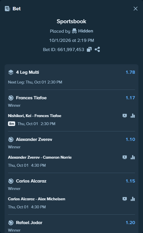 Bet slip: Alexander Zverev - Cameron Norrie, $300,000.00 stake at 1.10 odds, placed by Hidden