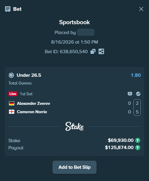 Bet slip: Alexander Zverev - Cameron Norrie, $69,999.93 stake at 1.80 odds, placed by privetmedvet15