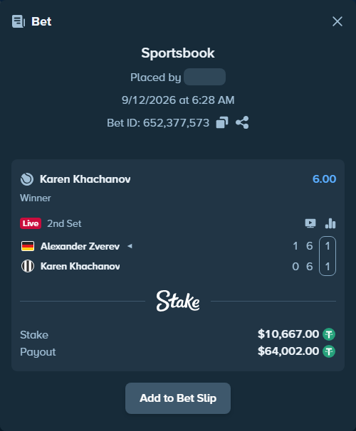 Bet slip: Alexander Zverev - Karen Khachanov, $10,667.00 stake at 6.00 odds, placed by haroldfinchh