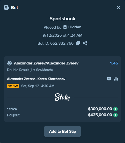 Bet slip: Alexander Zverev - Karen Khachanov, $300,000.00 stake at 1.45 odds, placed by Hidden