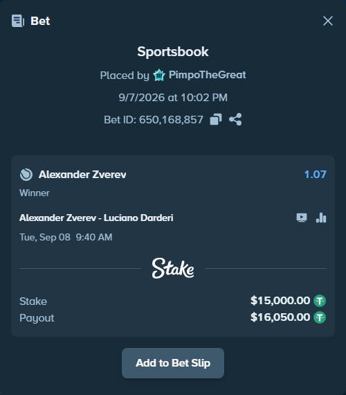 Bet slip: Alexander Zverev - Luciano Darderi, $15,000.00 stake at 1.07 odds, placed by PimpoTheGreat