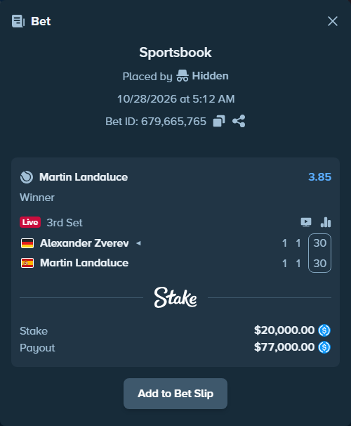 Bet slip: Alexander Zverev - Martin Landaluce, $20,000.00 stake at 3.85 odds, placed by Hidden
