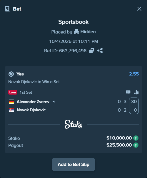 Bet slip: Alexander Zverev - Novak Djokovic, $10,000.00 stake at 2.55 odds, placed by Hidden