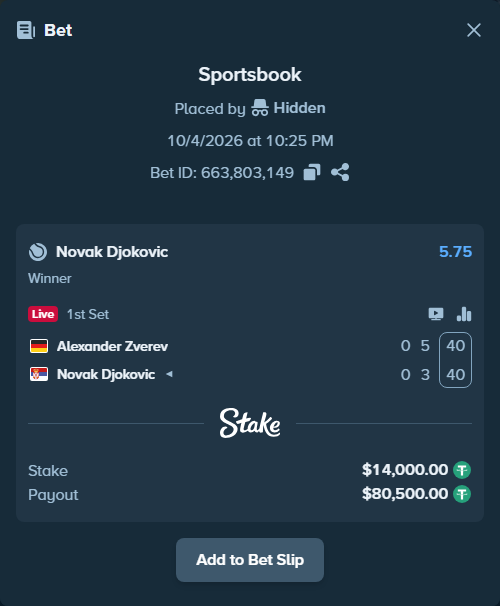Bet slip: Alexander Zverev - Novak Djokovic, $14,000.00 stake at 5.75 odds, placed by Hidden