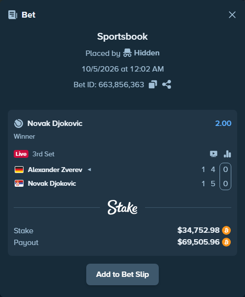 Bet slip: Alexander Zverev - Novak Djokovic, $34,750.18 stake at 2.00 odds, placed by Hidden