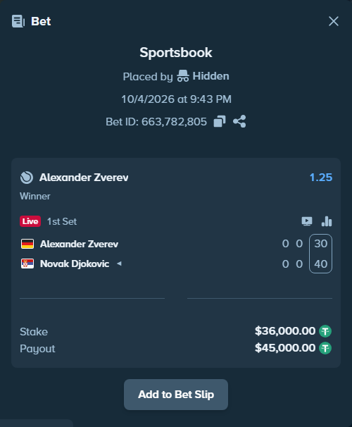 Bet slip: Alexander Zverev - Novak Djokovic, $36,000.00 stake at 1.25 odds, placed by Hidden