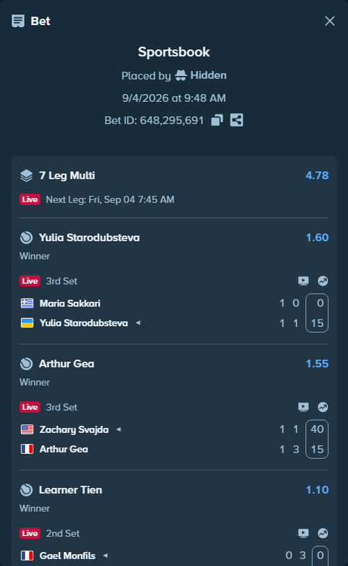 Bet slip: Alexander Zverev - Quentin Halys, $9,815.37 stake at 1.15 odds, placed by Hidden