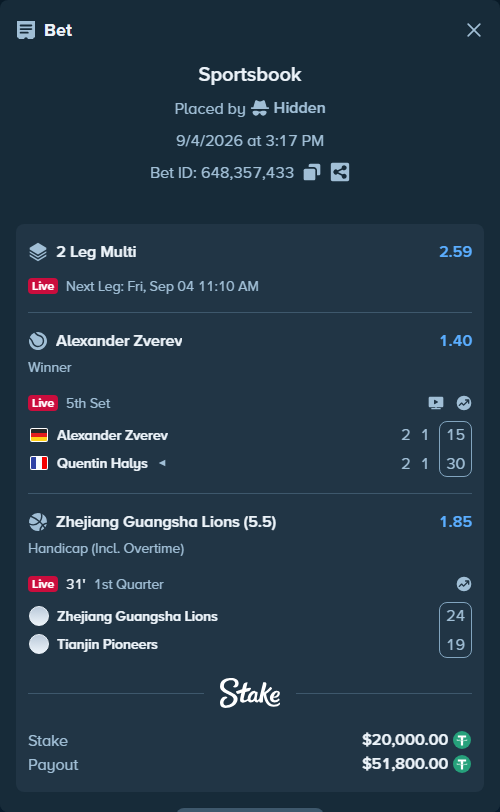 Bet slip: Alexander Zverev - Quentin Halys, $20,000.00 stake at 1.40 odds, placed by Hidden