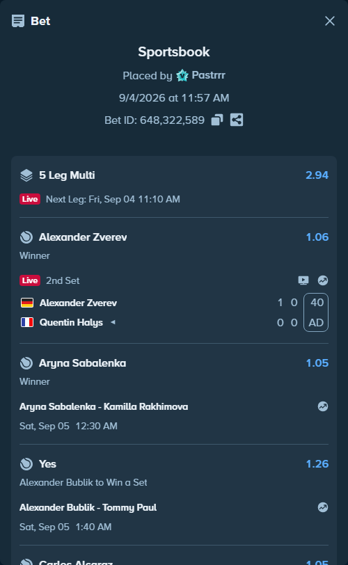 Bet slip: Alexander Zverev - Quentin Halys, $22,239.81 stake at 1.06 odds, placed by Pastrrr