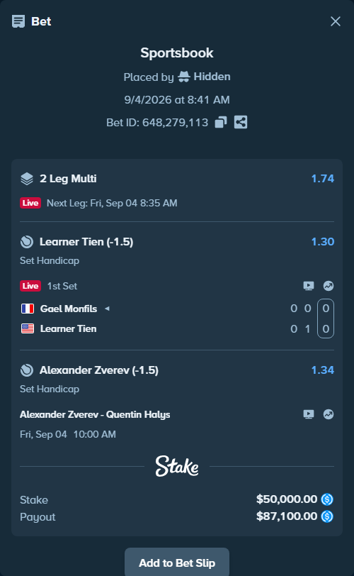 Bet slip: Alexander Zverev - Quentin Halys, $50,000.00 stake at 1.34 odds, placed by Hidden