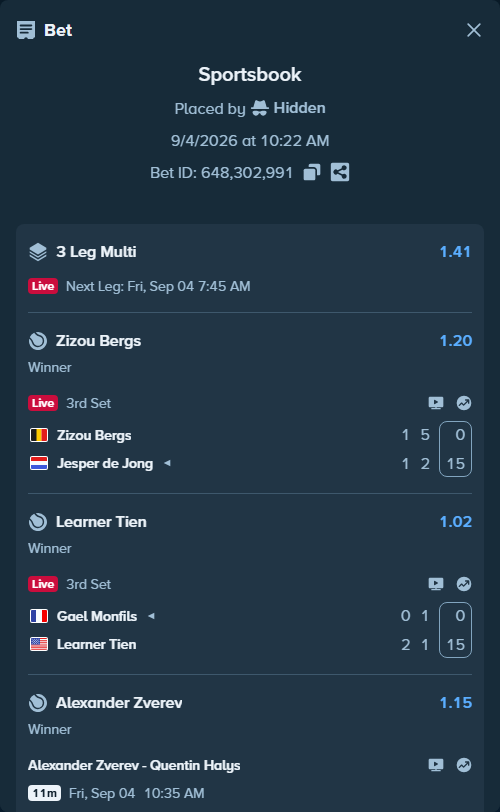 Bet slip: Alexander Zverev - Quentin Halys, $95,286.00 stake at 1.15 odds, placed by Hidden