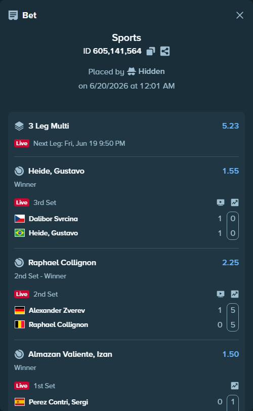 Bet slip: Alexander Zverev - Raphael Collignon, $10,000.00 stake at 2.25 odds, placed by Hidden