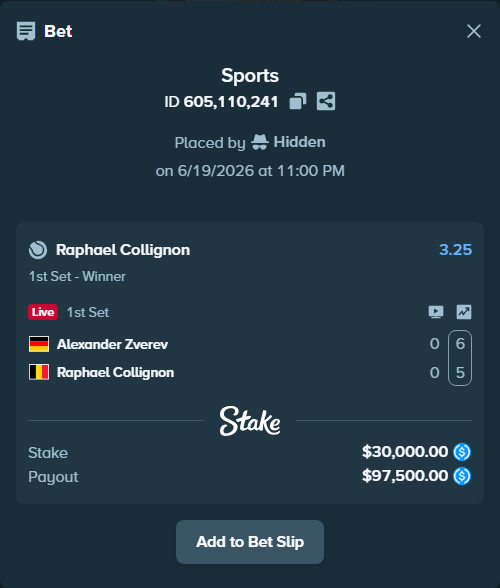 Bet slip: Alexander Zverev - Raphael Collignon, $30,000.00 stake at 3.25 odds, placed by piropiro12