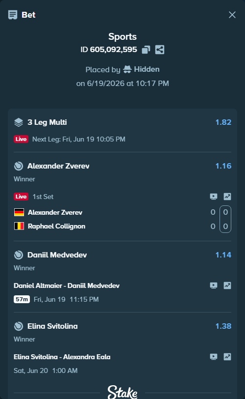 Bet slip: Alexander Zverev - Raphael Collignon, $69,874.31 stake at 1.16 odds, placed by Hidden