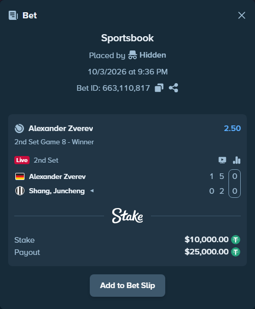 Bet slip: Alexander Zverev - Shang, Juncheng, $10,000.00 stake at 2.50 odds, placed by Pierob76