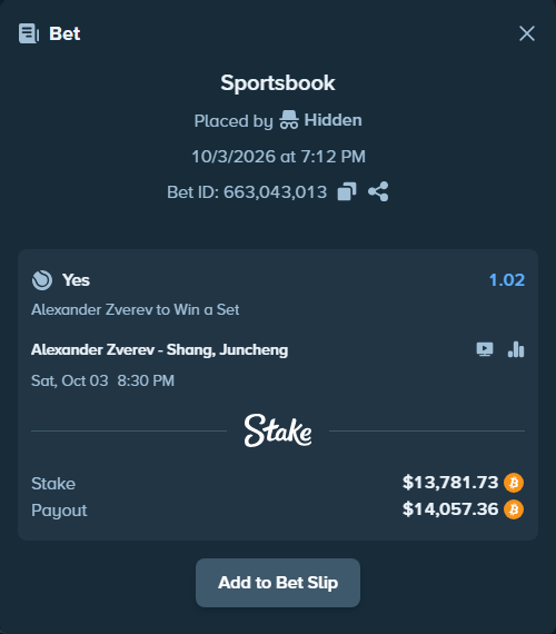 Bet slip: Alexander Zverev - Shang, Juncheng, $12,478.63 stake at 1.02 odds, placed by megah29