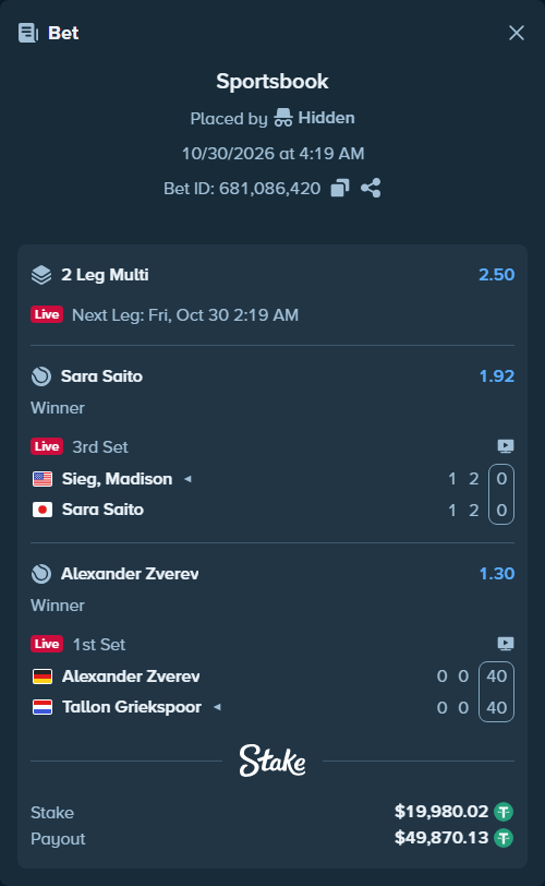 Bet slip: Alexander Zverev - Tallon Griekspoor, $20,000.00 stake at 1.30 odds, placed by Hidden